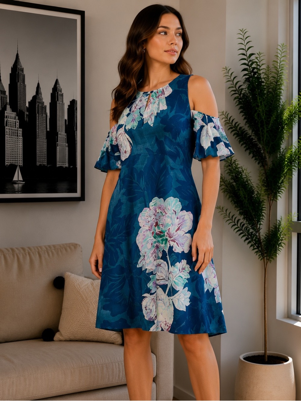 Maeve‎ Cold Shoulder teal blue floral Dress Sz 8